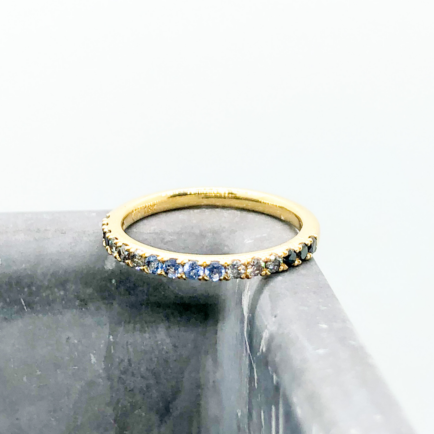 Blue Yogo Mine Montana Sapphire Ombre Salt & Pepper to Black Diamond 18k Yellow Gold Wedding Band