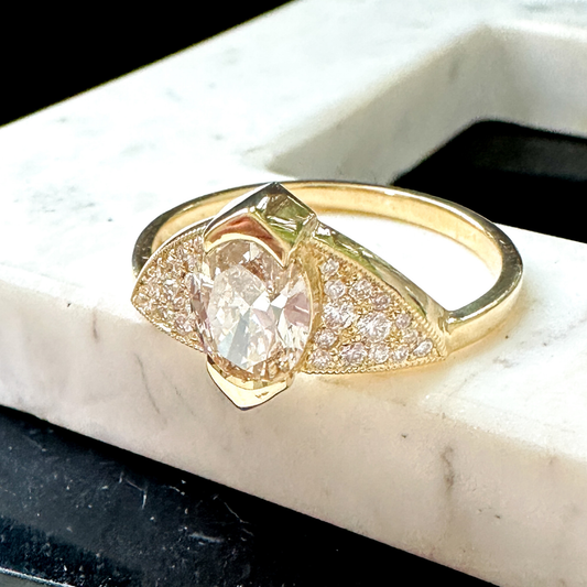 Champagne Diamond Unique Engagement Ring - Oval Champagne Diamond Ring - Oval Champagne Diamond Pavé Ring - Funky Diamond Ring - Art Deco Brown Diamond Ring - Light Brown Diamond Oval Engagement Ring - Unique Oval Diamond Ring - Made in San Francisco - San Francisco Fine Jewelry