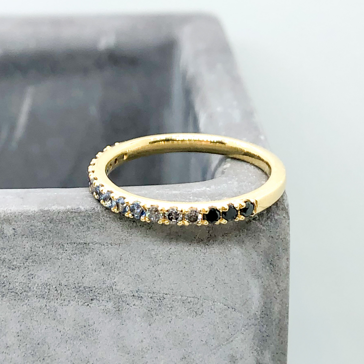Blue Yogo Mine Montana Sapphire Salt & Pepper and Black Diamond Ombre Gold Wedding Band