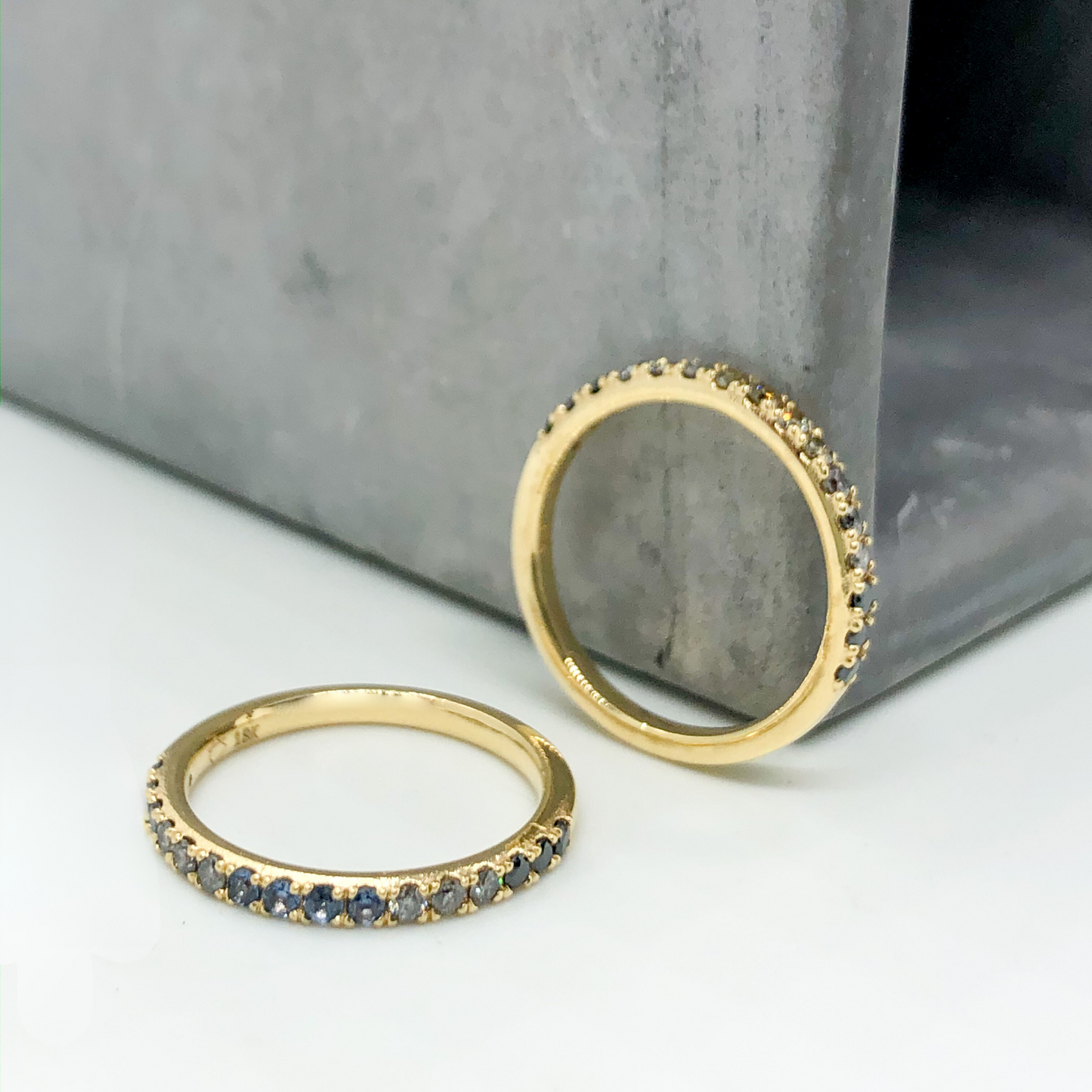 18k Yellow Gold Montana Sapphire Ombre Wedding Band & Precita Olive Green Diamond Wedding Band