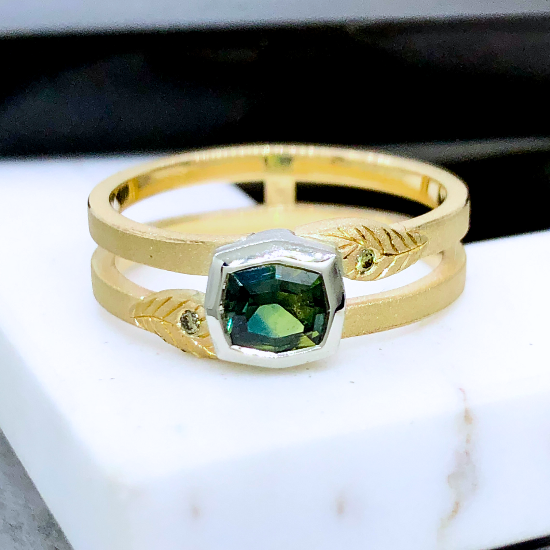 Bi-Color Green Unique Green Sapphire Custom Ring Olive Green Diamonds Leaf Detail Double Band Gender Neutral