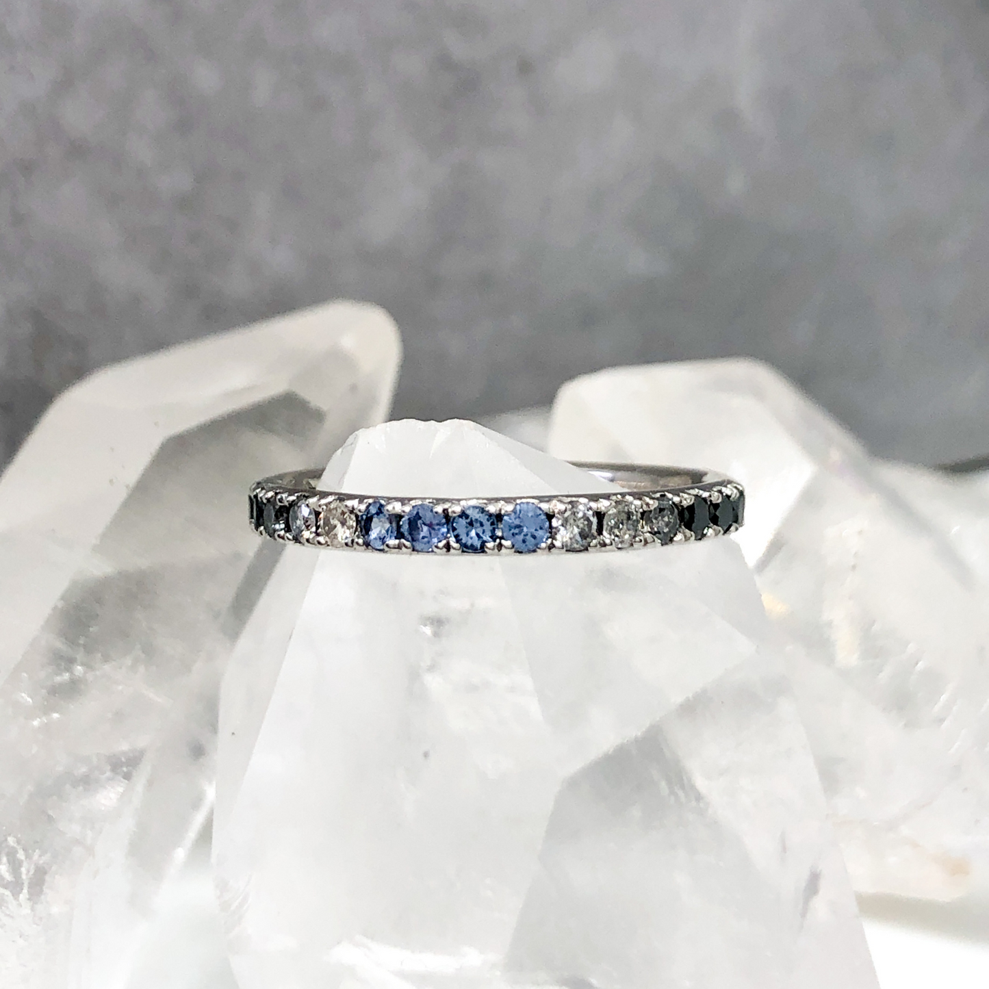 2mm Platinum Ombre Wedding Band with Yogo Mine Montana Sapphires and Grey Salt & Pepper to Black Diamonds