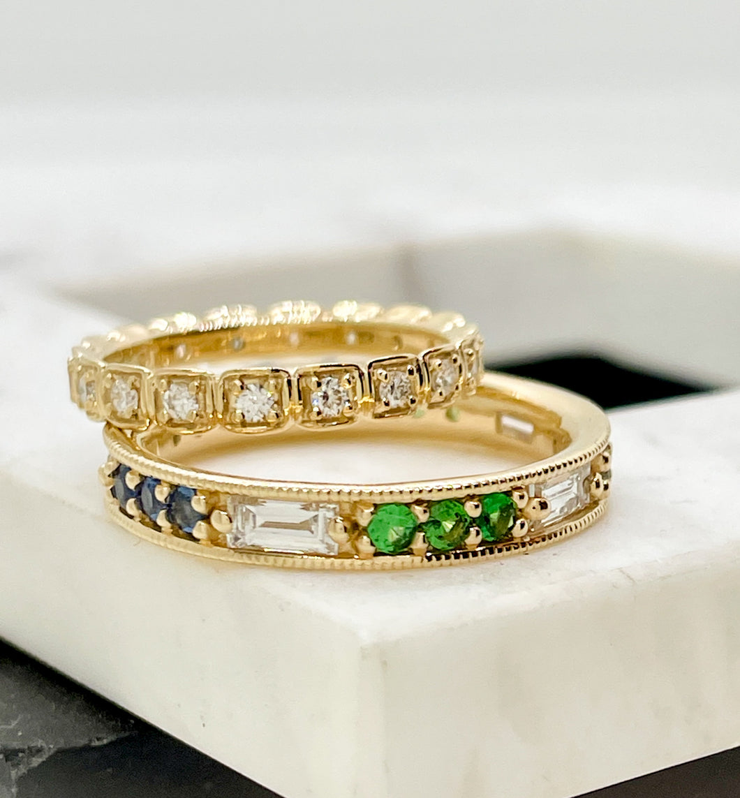 Yellow Gold Lab Diamond Band Rings Tsavorite & Sapphire