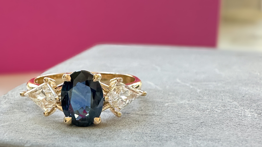 Custom Heirloom Sapphire Engagement Ring with Oversized Kite Accents