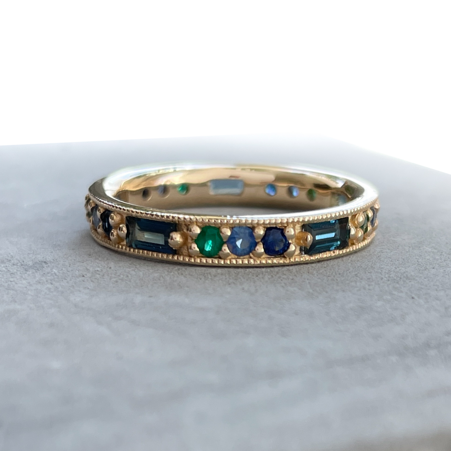 OctaHedron Jewelry San Francisco Made Presidio Blue & Green Shade Emerald & Sapphire Baguette & Round Cut Eternity Band Ring 14k Yellow Gold