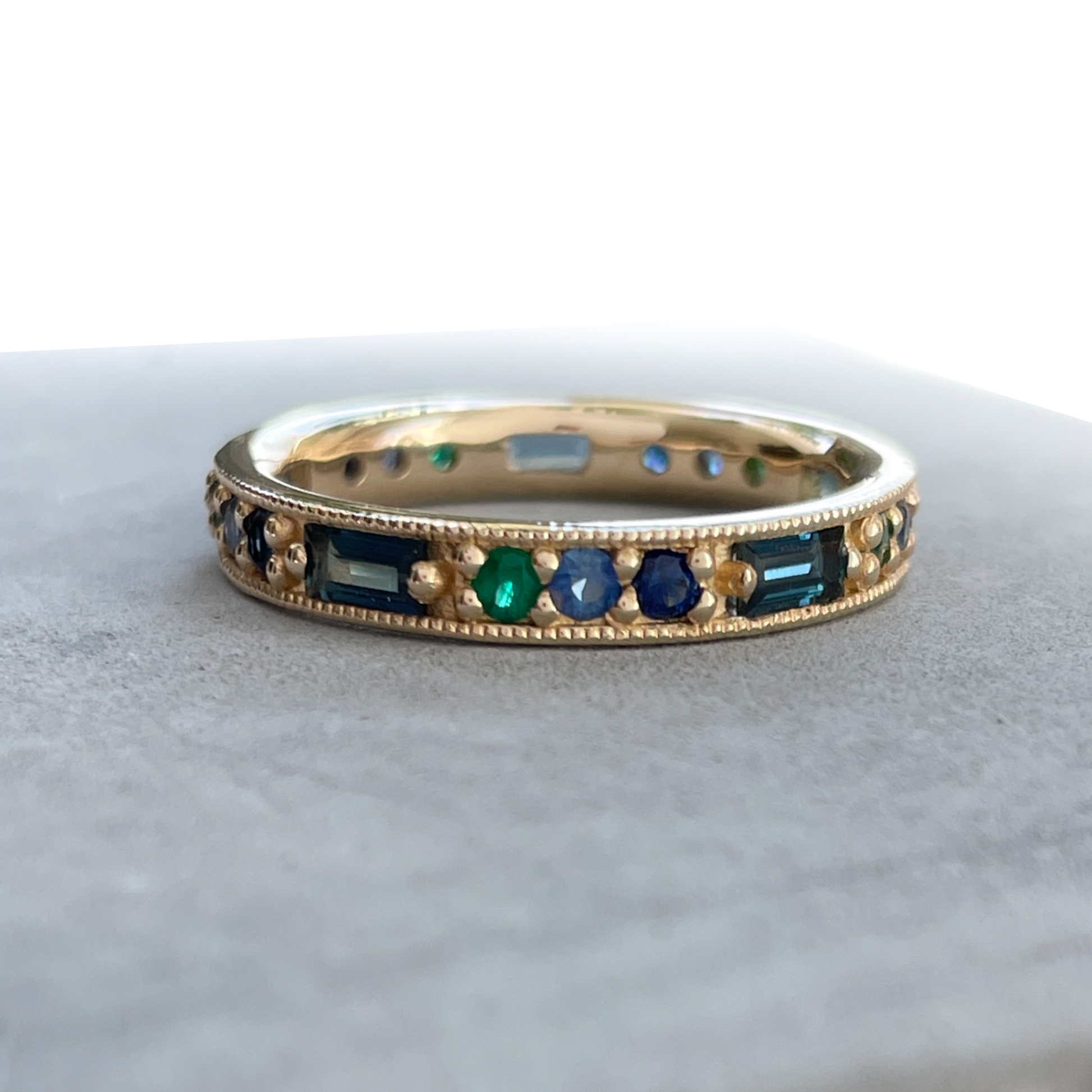 OctaHedron Jewelry San Francisco Made Presidio Blue & Green Shade Emerald & Sapphire Baguette & Round Cut Eternity Band Ring 14k Yellow Gold