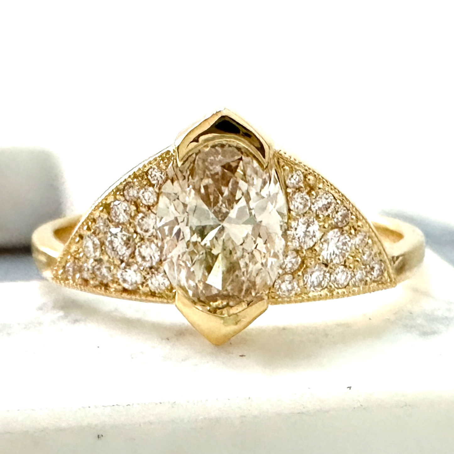 Champagne Diamond Unique Engagement Ring - Oval Champagne Diamond Ring - Oval Champagne Diamond Pavé Ring - Funky Diamond Ring - Art Deco Brown Diamond Ring - Light Brown Diamond Oval Engagement Ring - Unique Oval Diamond Ring - Made in San Francisco - San Francisco Fine Jewelry