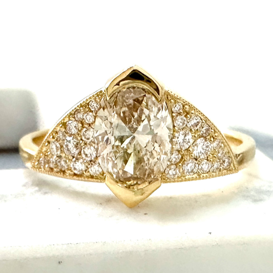Champagne Diamond Unique Engagement Ring - Oval Champagne Diamond Ring - Oval Champagne Diamond Pavé Ring - Funky Diamond Ring - Art Deco Brown Diamond Ring - Light Brown Diamond Oval Engagement Ring - Unique Oval Diamond Ring - Made in San Francisco - San Francisco Fine Jewelry