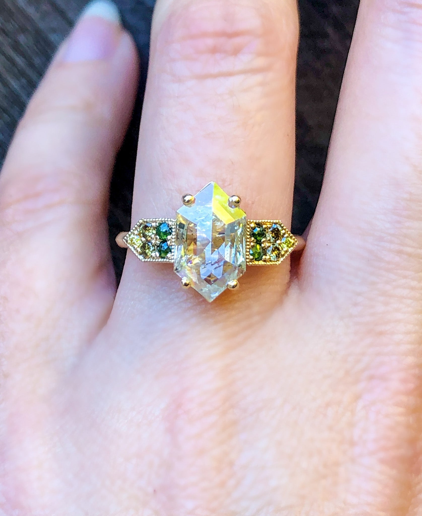 Rose Cut Hexagon Diamond Art Deco Inspired Modern Engagement Ring Green Diamond Rose Cut & Olive & Yellow Diamond Round Brilliant Cut Gems