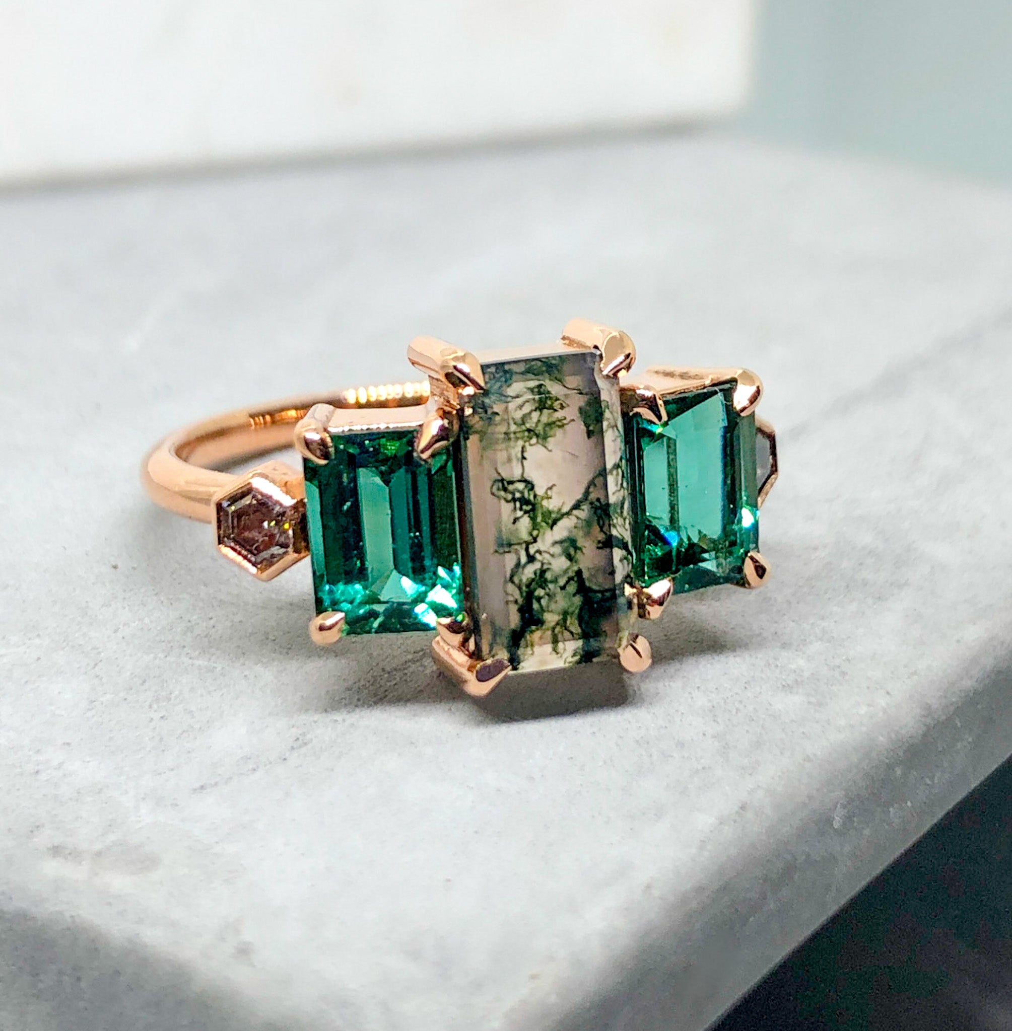 Moss Agate Tourmaline Ring with Hex Diamonds