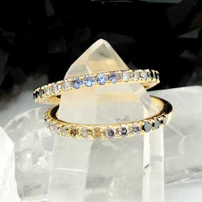 OctaHedron Ombre Gold Wedding Bands - Light Blue Yogo Mine Montana Sapphire & the Precita with Natural Olive Green Diamonds
