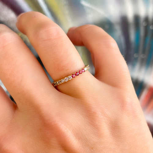 Pink Wedding Band 18k Yellow Gold Bright Pink Spinel and Natural Faint Pink and Grey Salt & Pepper Diamonds