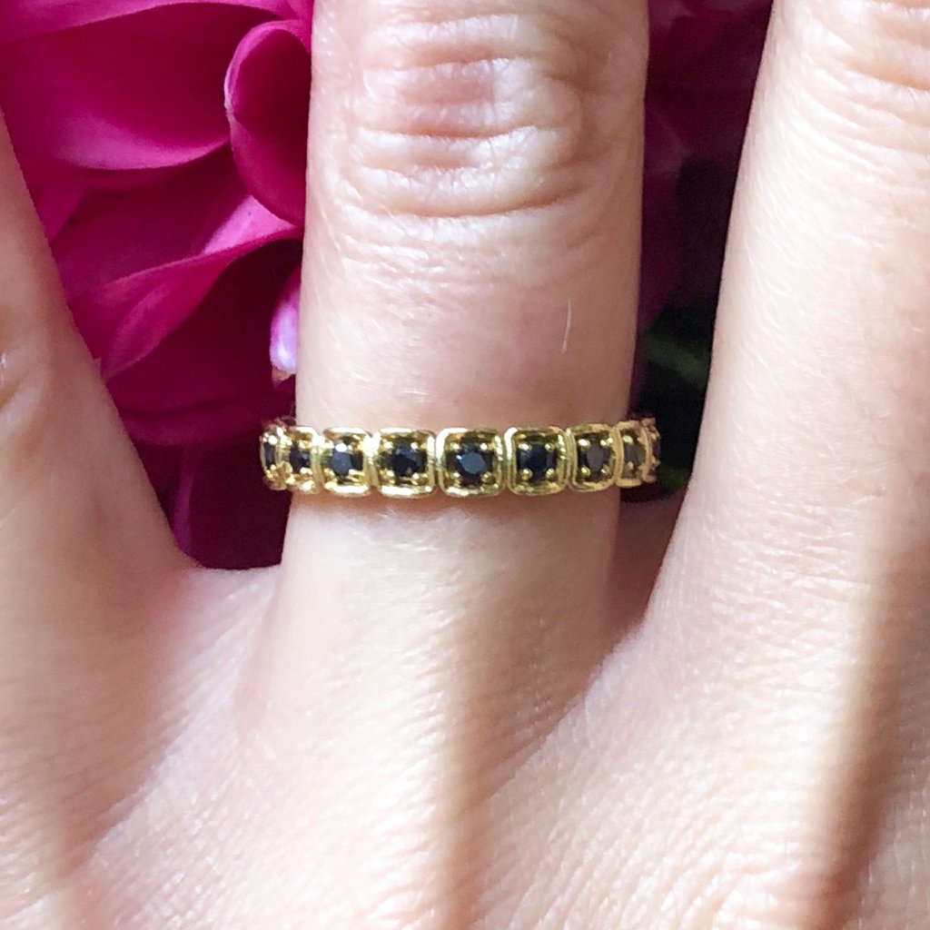 Shrader San Francisco Jewelry Black Diamond Eternity Band Wedding Ring or Stacking Band in 18k Yellow Gold