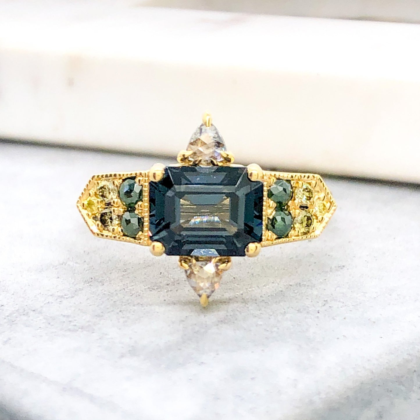 Teal Spinel & Green Diamond Alternative Ring