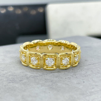 OctaHedron Jewelry Fillmore 18k Yellow Gold Round Diamond Square Textured Eternity Band Wide