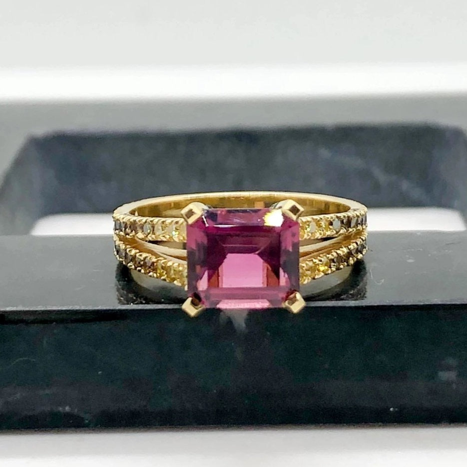 Rubellite Tourmaline Yellow and Olive Diamond Ombre Ring