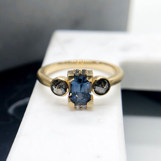 Blue-Grey Spinel & Peppery Diamond 18k Gold Ring